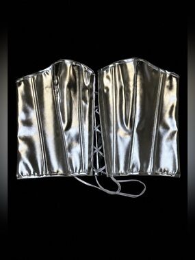 Silver Metallic Lace-Up Corset Top XL Strapless Bustier